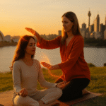 Sessão de terapia energética ao ar livre no pôr do sol em Sydney, com a Opera House ao fundo.
