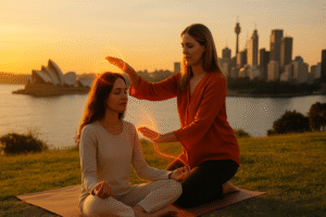 Sessão de terapia energética ao ar livre no pôr do sol em Sydney, com a Opera House ao fundo.