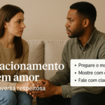 Casal conversando com seriedade no sofá, mãos entrelaçadas, foco em conversa respeitosa sobre relacionamento sem amor.