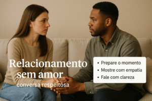 Casal conversando com seriedade no sofá, mãos entrelaçadas, foco em conversa respeitosa sobre relacionamento sem amor.